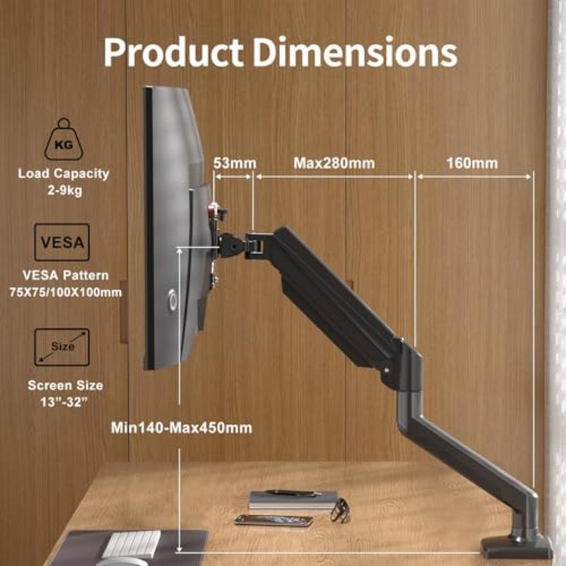 Monitor Arm for 13-32 Inch LED LCD Screens up to 9kg, Gas Spring Stand with 360 Rotation, Height Adjustable, Tilt Swivel, VESA 75x75/100x100 Mount, MD01A - Image 2