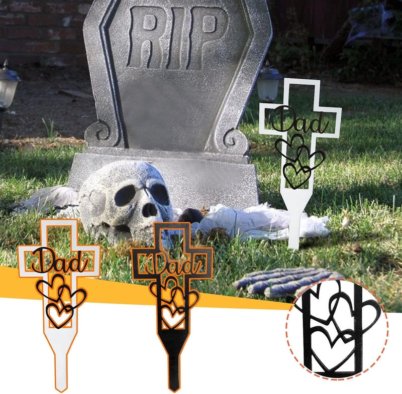 woobles Metal Cross Memorial Garden Stake Graves Cemetery Decorations, Cemetery Memorial Cross Stake for Dad Mom, Halloween Cross Yard Stake Grave Markers, Memorial Signs Marker for Dad Mom Grave (Black, Dad) Dad Garden - Image 1