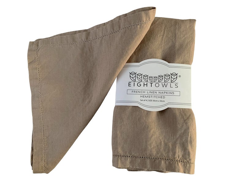 Eight Owls Hemstitched Linen Napkins - 20 Inch X 20 Inch - Stonewashed Pure Linen Cloth Dinner Napkins With Mitered Corners - 100% French Flax - Machine Washable - Set Of 4 (Natural Rustic Taupe) - Image 1
