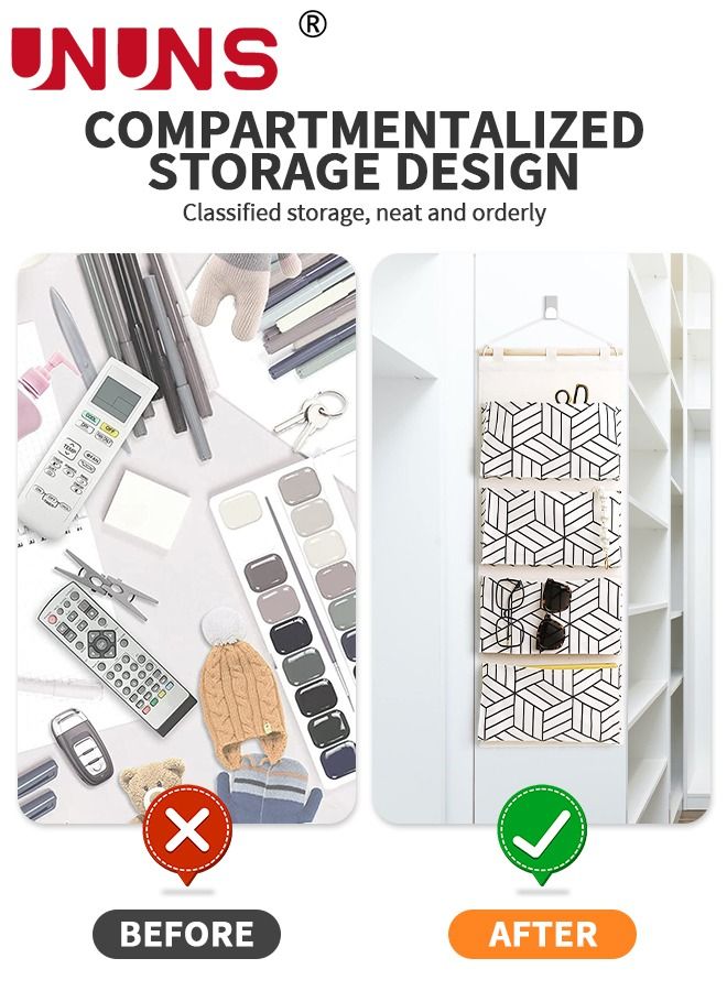 UNUNS Over Door Hanging Storage Bags Wall Mount Closet Organizer, 4 Big Pockets Linen Cotton Fabric Multi Functional Living Room Bedroom Bathroom File Magazine Waterproof White - Image 2
