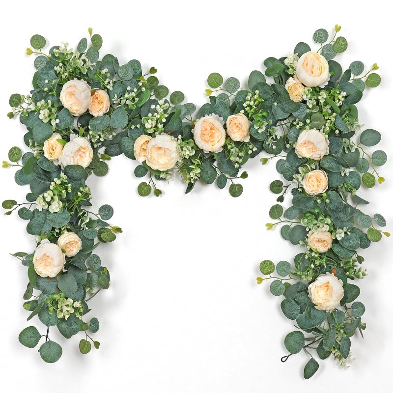 Somyting Artificial Flower Garlands Eucalyptus Garlands With Flowers Rose Peony Flower Vine Faux Floral Garland For Wedding Party Arch Table Wall Backdrop Decoration (Champagne  2Pcs) - Image 1
