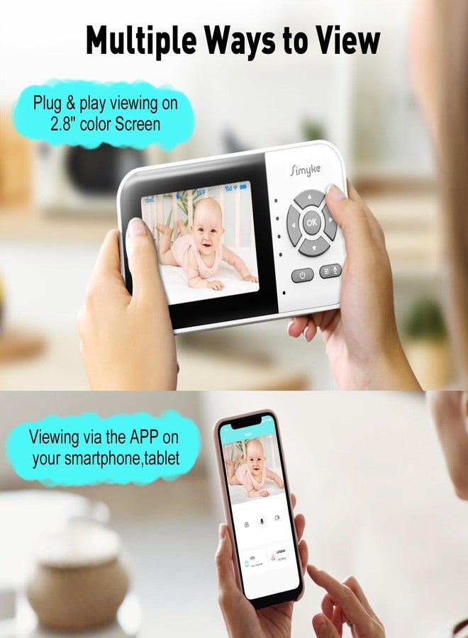 Simyke Upgrade Video Baby Monitor,WiFi Baby Camera,2.8" Display and App Control,1200ft Long Range,2 Way Talk,Auto Night Vision,Sound Alert,VOX,Temperature Sensor 5 Lullabies Feeding Remind,Home Use - Image 2