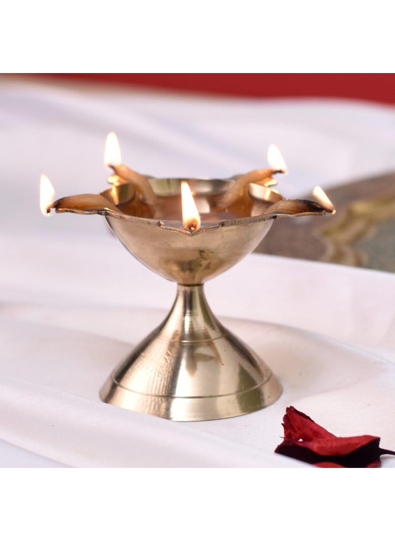 Indian-Shelf Indian Shelf Handmade 1 Piece Premium Quality Golden Brass Flower Diya Unique Decorative Traditional Kerala Brass Oil Ghee Diya Deepak Lamp Diwali Decoration Aarti Brass Diya Panchmukhi  - Image 3
