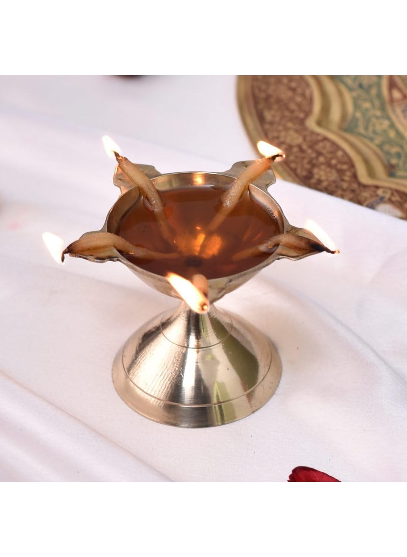 Indian-Shelf Indian Shelf Handmade 1 Piece Premium Quality Golden Brass Flower Diya Unique Decorative Traditional Kerala Brass Oil Ghee Diya Deepak Lamp Diwali Decoration Aarti Brass Diya Panchmukhi  - Image 2