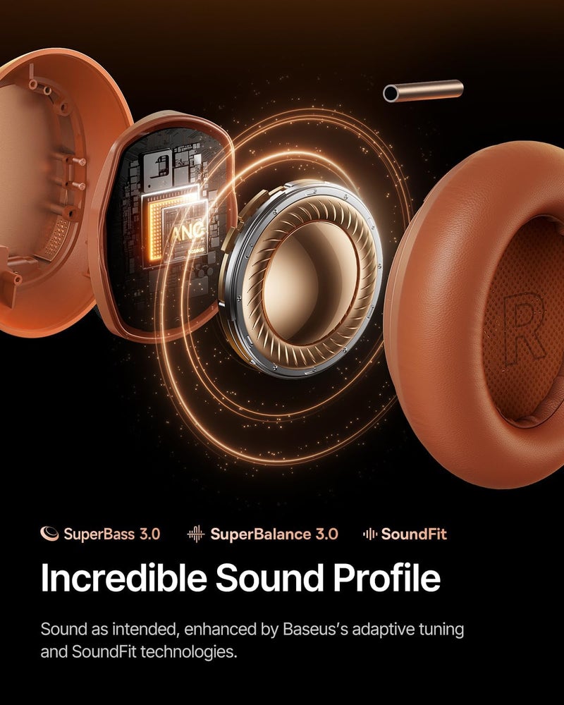 بيسوس سماعات رأس Baseus Inspire XH1 مع إلغاء الضوضاء النشط المتكيف، صوت دولبي، إلغاء الضوضاء النشط المتكيف الفاخر في الوقت الحقيقي، ضبط متكيف لصوت غني، صوت عالي الدقة، تشغيل لمدة 100 ساعة - أسود كوني - Image 3