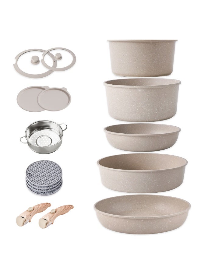 Detachable Nonstick Cookware Set - Stackable Induction Pots and Pans With Removable Handles, Dishwasher Safe - For RV Camping, Oven and Stovetop Use, 16 Pieces - Image 1