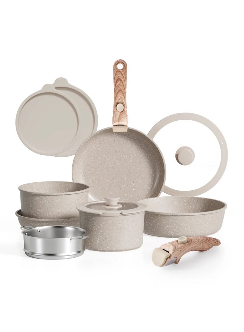 طقم حلل ومقالي قابلة للفصل وغير لاصقة - حلل ومقالي ممكن تتكدس وممكن تستخدم على الحث الكهربي ومعاها مقابض قابلة للإزالة، آمنة للغسالة - للمبيت في عربيات الرحلات، الفرن والبوتاجاز، ٥ قطع (بني) - Image 1