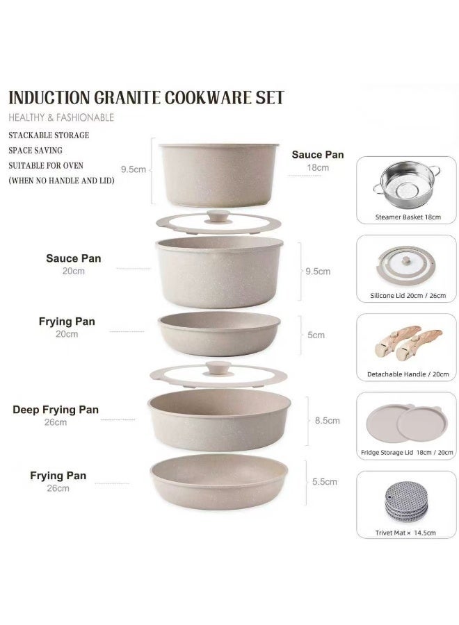 Caannasweis 13 Pieces Detachable Nonstick Cookware Set - Stackable Induction Pots and Pans With Removable Handles, Dishwasher Safe - For RV Camping, Compatible with Induction Cookers Gas And Electric Stoves All Stoves，Oven and Stovetop Use, - Image 2