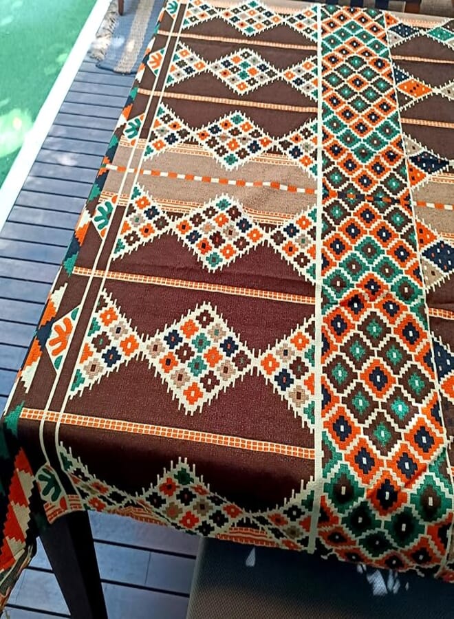مفرش طاولة مربع مزخرف من قماش الشنيل بنمط شرقي عرابي - طباعة بأسلوب عربي - 1.28 × 1.28 متر (بني)