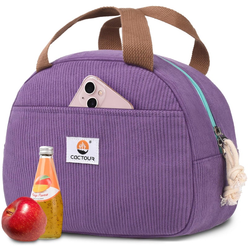 CaCTOUR Lunch Box Lunch Bag for Women Girls Teens, Cute Lunch Box Cooler Bag, Portable Small Insulated LunchBox Reusable Corduroy Lunch Tote for Work/Travel/Picnic/School (Purple) - Image 1