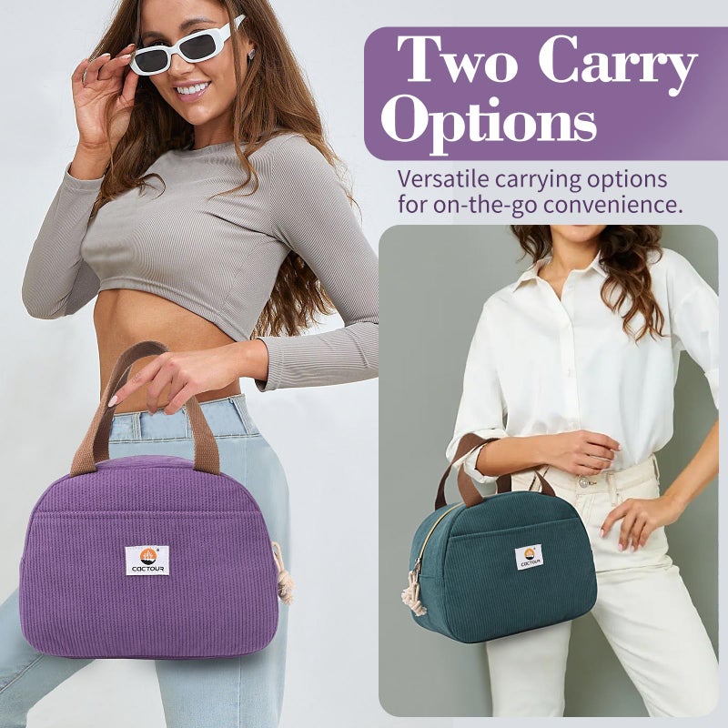 CaCTOUR Lunch Box Lunch Bag for Women Girls Teens, Cute Lunch Box Cooler Bag, Portable Small Insulated LunchBox Reusable Corduroy Lunch Tote for Work/Travel/Picnic/School (Purple) - Image 2