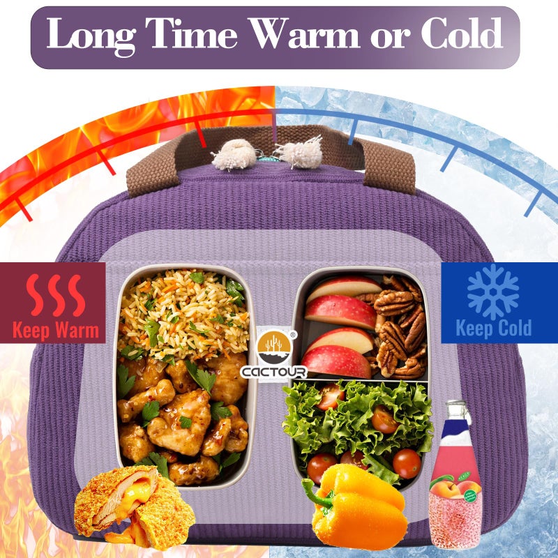 CaCTOUR Lunch Box Lunch Bag for Women Girls Teens, Cute Lunch Box Cooler Bag, Portable Small Insulated LunchBox Reusable Corduroy Lunch Tote for Work/Travel/Picnic/School (Purple) - Image 4
