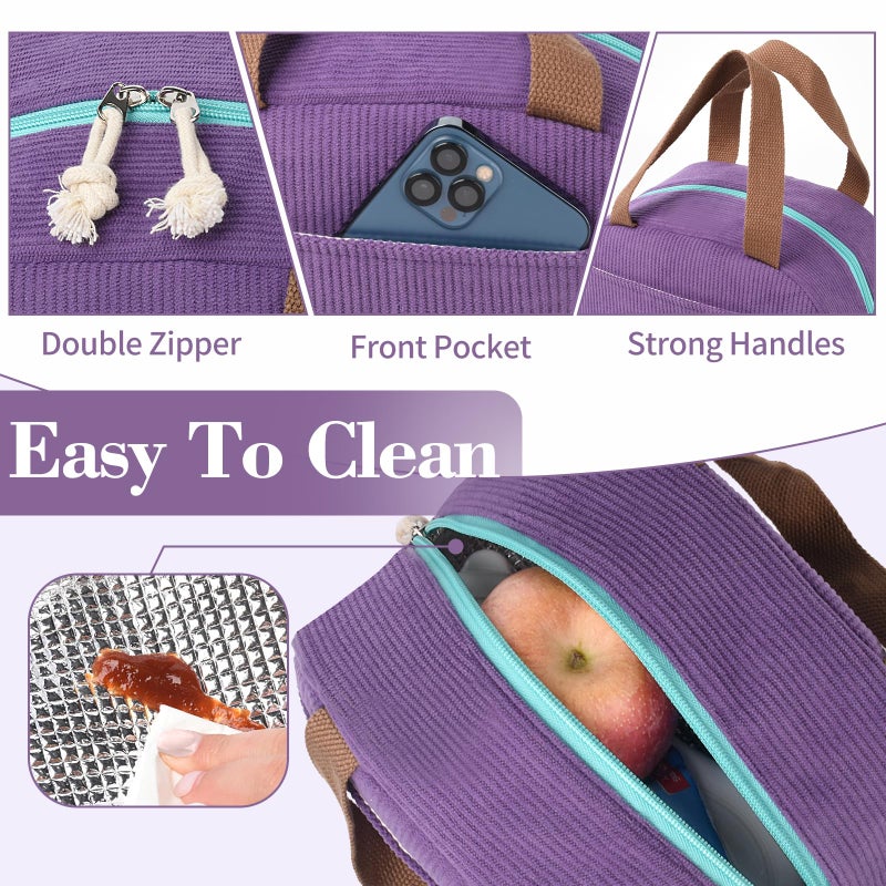 CaCTOUR Lunch Box Lunch Bag for Women Girls Teens, Cute Lunch Box Cooler Bag, Portable Small Insulated LunchBox Reusable Corduroy Lunch Tote for Work/Travel/Picnic/School (Purple) - Image 5