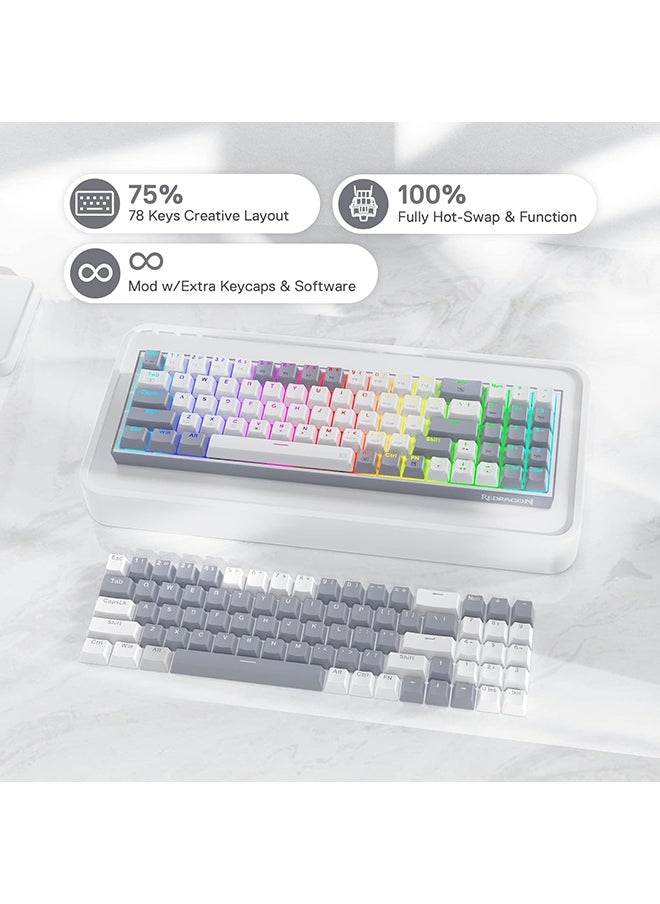 REDRAGON - K628 Pollux 75% Wired RGB Gaming Keyboard, 78 Keys Compact Mechanical Keyboard w/100% Hot-Swap Socket, Free-Mod Plate Mounted PCB & Dedicated Arrow Keys, Quiet Red Switch, White - Image 1