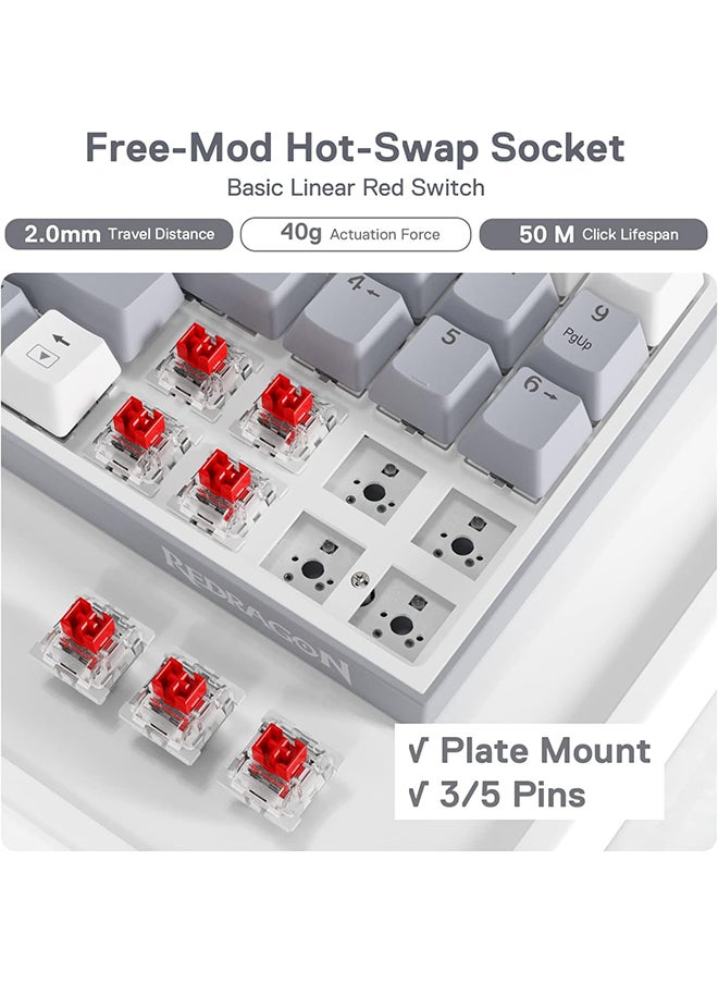 REDRAGON - K628 Pollux 75% Wired RGB Gaming Keyboard, 78 Keys Compact Mechanical Keyboard w/100% Hot-Swap Socket, Free-Mod Plate Mounted PCB & Dedicated Arrow Keys, Quiet Red Switch, White - Image 1