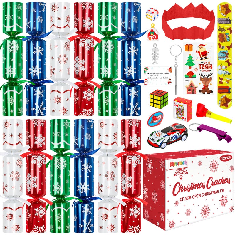 Melisheer Christmas Crackers 12 Pack No Snap Christmas Party Favors with Snowflake Design Xmas Poppers with Crown and Joke Perfect for Christmas Gifts Xmas Table Holiday Party Supplies - Image 3
