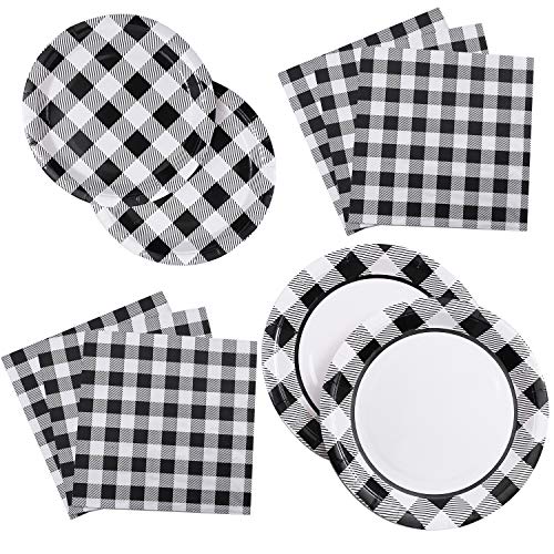 Aneco 98 Pcs Black and White Checkered Paper Plates Set Buffalo Plaid Disposable Plates and Paper Napkins Race Sports Themed Dessert Plates for 24 Guests Race Car Party Birthday Favors - Image 1
