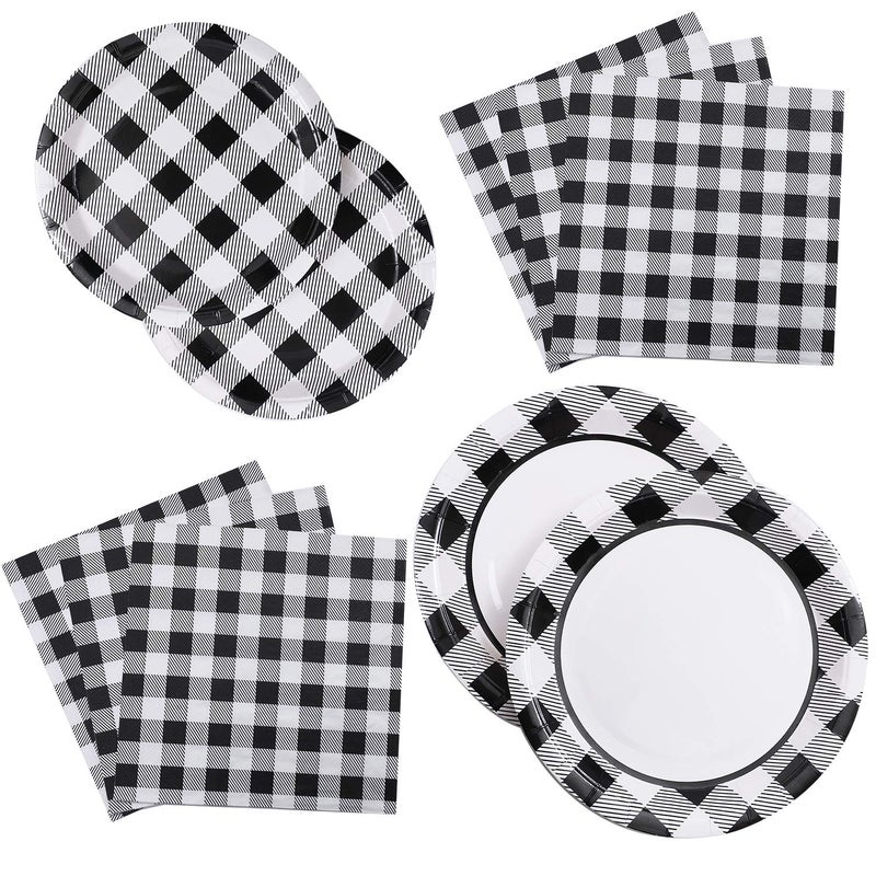 Aneco 98 Pcs Black and White Checkered Paper Plates Set Buffalo Plaid Disposable Plates and Paper Napkins Race Sports Themed Dessert Plates for 24 Guests Race Car Party Birthday Favors - Image 2