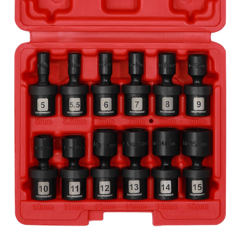 MIXPOWER 12 Pieces 1/4" Drive Metric Shallow Universal Impact Socket Set, CR-MO, Swivel Socket with Flexible Wobble, 5mm - 15mm - Image 2
