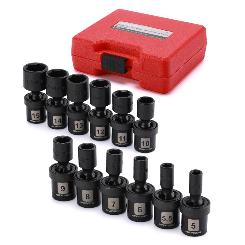 MIXPOWER 12 Pieces 1/4" Drive Metric Shallow Universal Impact Socket Set, CR-MO, Swivel Socket with Flexible Wobble, 5mm - 15mm - Image 1