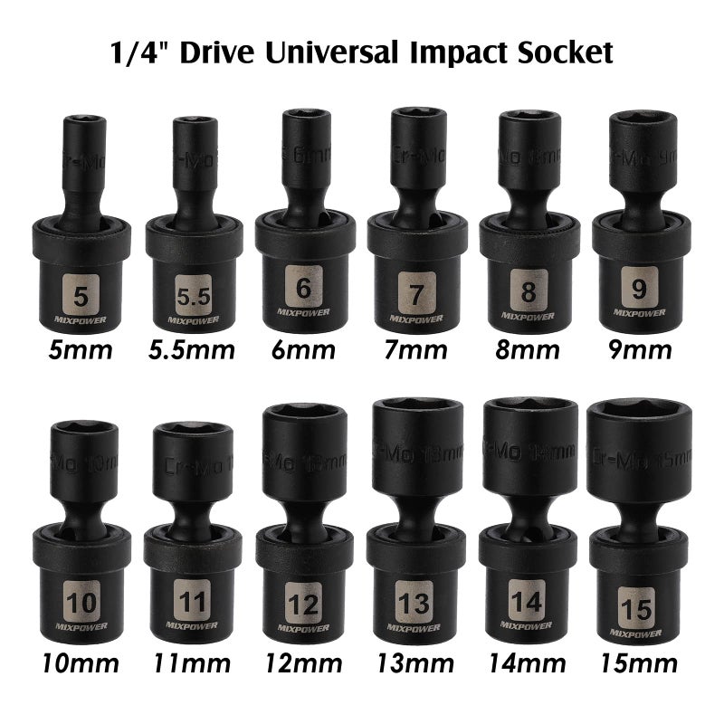 MIXPOWER 12 Pieces 1/4" Drive Metric Shallow Universal Impact Socket Set, CR-MO, Swivel Socket with Flexible Wobble, 5mm - 15mm - Image 3