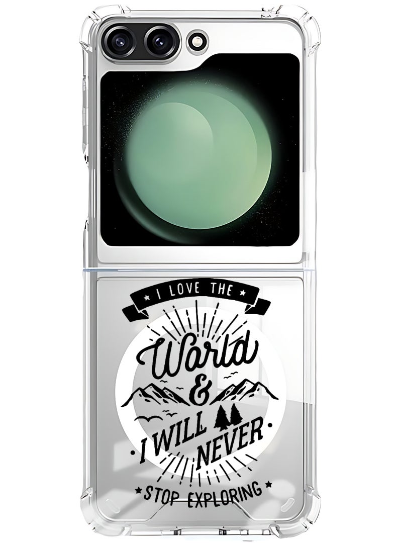 Theodor Magnetic Case for Samsung Galaxy Z Flip 5 Compatible with MagSafe Wireless Charging, Shockproof Phone Bumper Cover I love the world - Image 1