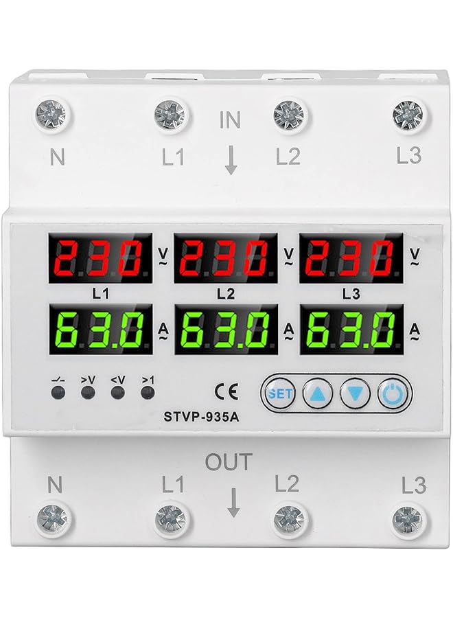 promass Over and Under Voltage Protector, 3 Phase AC220 380V Digital Display Voltage Amps Current Protector, Self Recovery Automatic Recovery Voltage Protector Relay (63A)