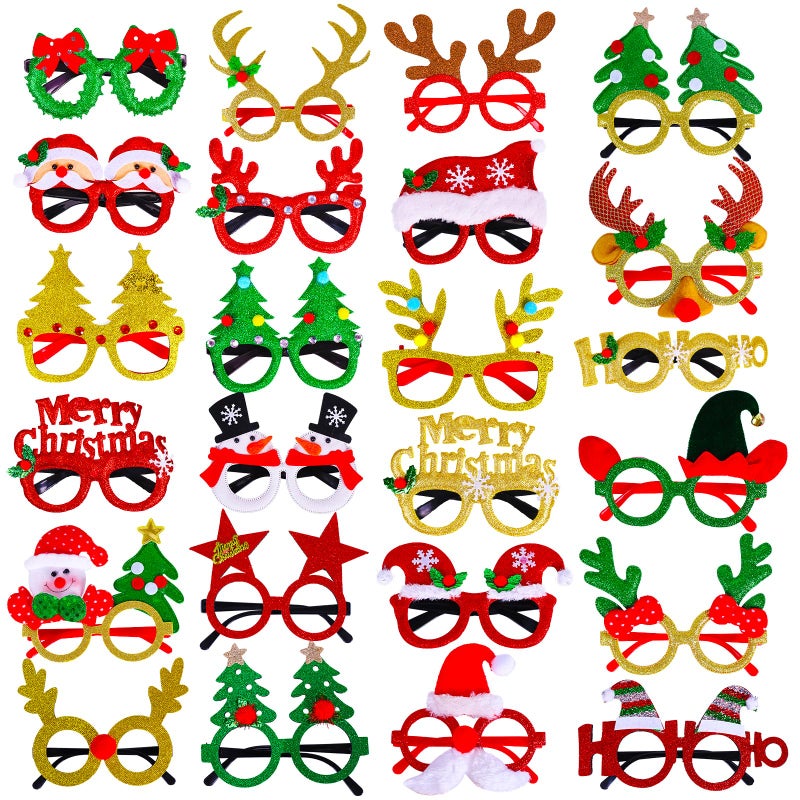 Max Fun 24pcs Christmas Glitter Party Glasses Frames with 24 Designs Decorations Accessories for Christmas Party Favors Holiday Favors One Size Fits All