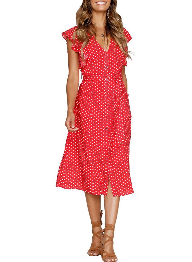 MITILLY Women's Boho Polka Dot Flutter Short Sleeve V Neck Button Down Swing Midi Dress with Pockets, 01 Red, M - Image 2