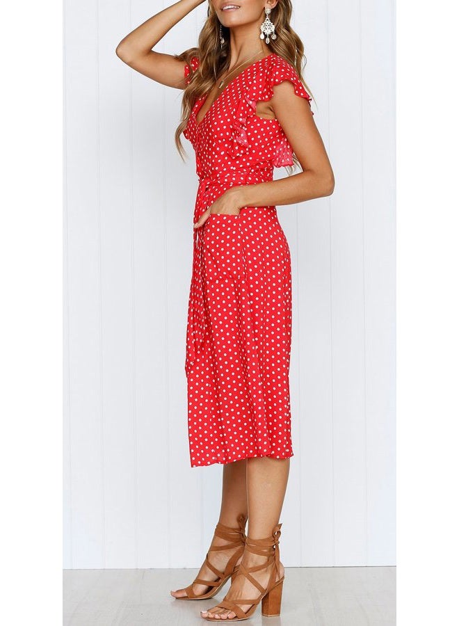 MITILLY Women's Boho Polka Dot Flutter Short Sleeve V Neck Button Down Swing Midi Dress with Pockets, 01 Red, M - Image 4