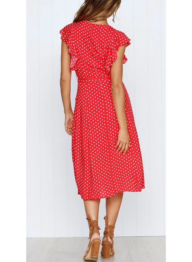 MITILLY Women's Boho Polka Dot Flutter Short Sleeve V Neck Button Down Swing Midi Dress with Pockets, 01 Red, M - Image 3