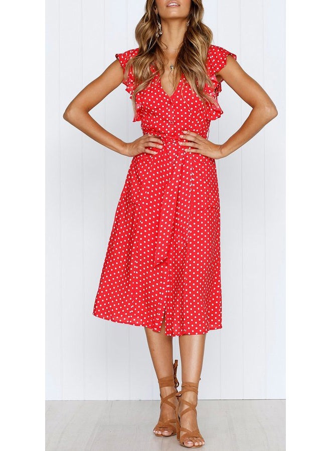 MITILLY Women's Boho Polka Dot Flutter Short Sleeve V Neck Button Down Swing Midi Dress with Pockets, 01 Red, M - Image 5