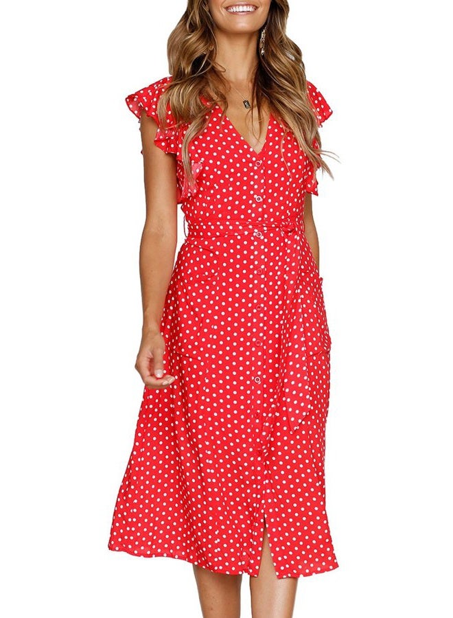 MITILLY Women's Boho Polka Dot Flutter Short Sleeve V Neck Button Down Swing Midi Dress with Pockets, 01 Red, M - Image 1