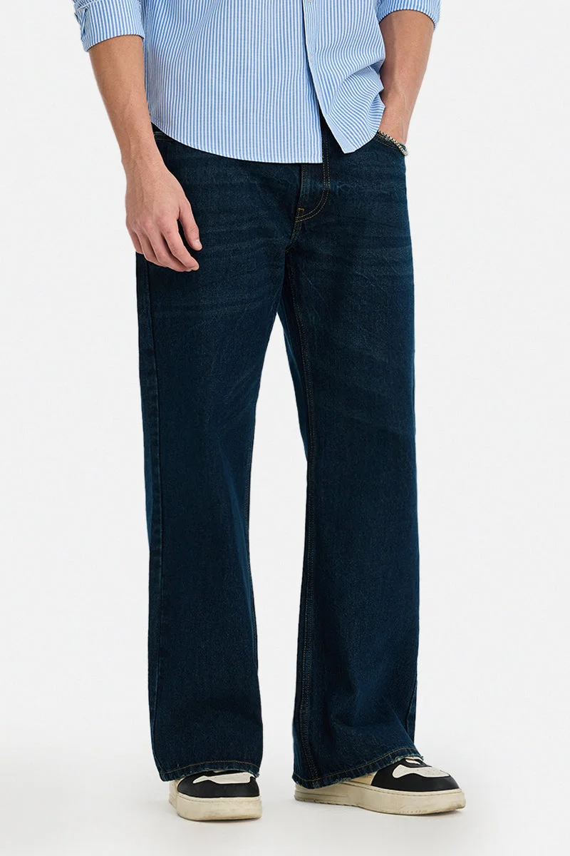 SNITCH Dark Blue Solid Flared Fit Streetwear Jeans
