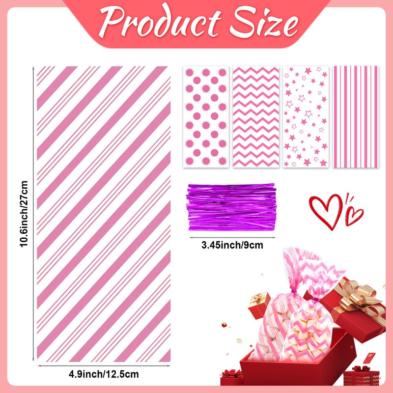 Lxzyu Valentine Cellophane Bags, 50 Pcs Valentines Treat Bags, Pink Goodie Bag Valentines Day Candy Bags, Plastic Valentines Bags Bulk, Valentine Snack Bag With Twist Ties Red Heart For Wedding Party Favor Gift - Image 3