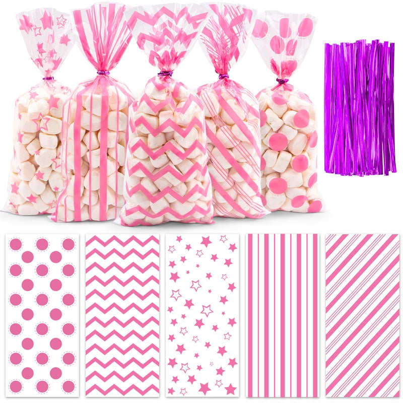 Lxzyu Valentine Cellophane Bags, 50 Pcs Valentines Treat Bags, Pink Goodie Bag Valentines Day Candy Bags, Plastic Valentines Bags Bulk, Valentine Snack Bag With Twist Ties Red Heart For Wedding Party Favor Gift - Image 1