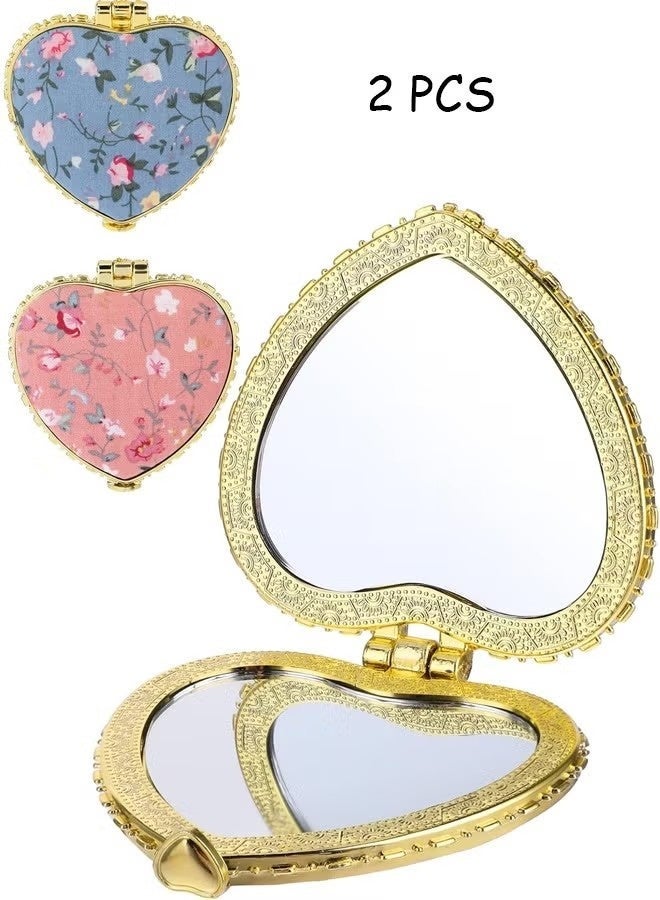 2 Pcs Mini Heart Folding Compact Mirror for Purse, Vintage Double-Sided Flower Makeup Mirrors Portable Trave Cosmetic Mirror for Women Girls Pocket (Pink, Blue) - Image 1