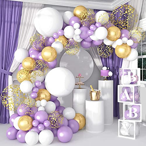Lazybeee Purple Balloon Garland Kit 107 Pcs Pearl Purple Party Decorations White Gold Confetti Metallic Gold Balloon Arch for Wedding Birthday Supplies - Image 1