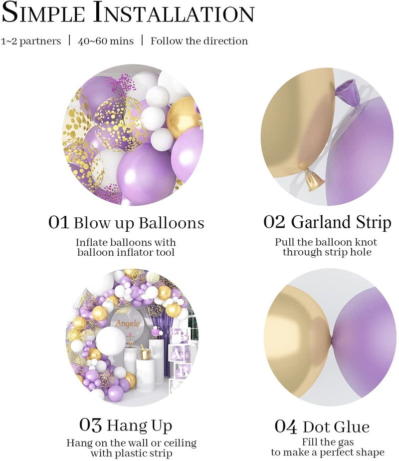 Lazybeee Purple Balloon Garland Kit 107 Pcs Pearl Purple Party Decorations White Gold Confetti Metallic Gold Balloon Arch for Wedding Birthday Supplies - Image 4