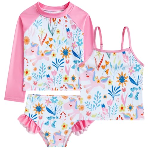 swimsobo Rash Guard Red Unicorn Tie Swimsuits for Size 7 Years Girls 3Piece Bathing Suit Sun Protection Tankini Sets Long Sleeve Child Swimwear - Image 1