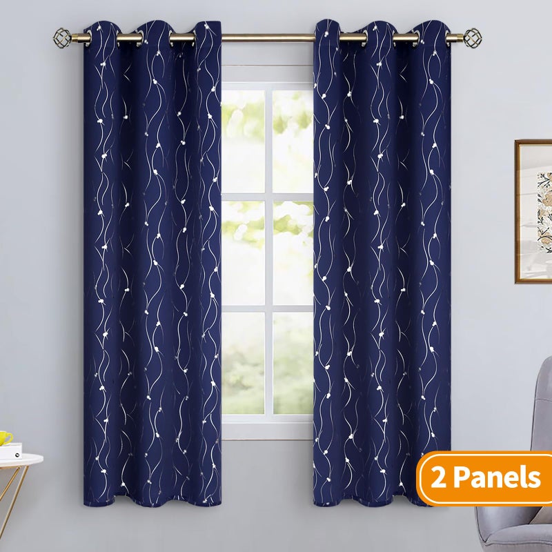 BGment Blackout Curtains 63 Inch Length 2 Panels Set  Grommet Thermal Insulated Blackout Curtains with Wave Line and Dots Printed for Bedroom  Each 38 x 63 Inch  Navy Blue - Image 2