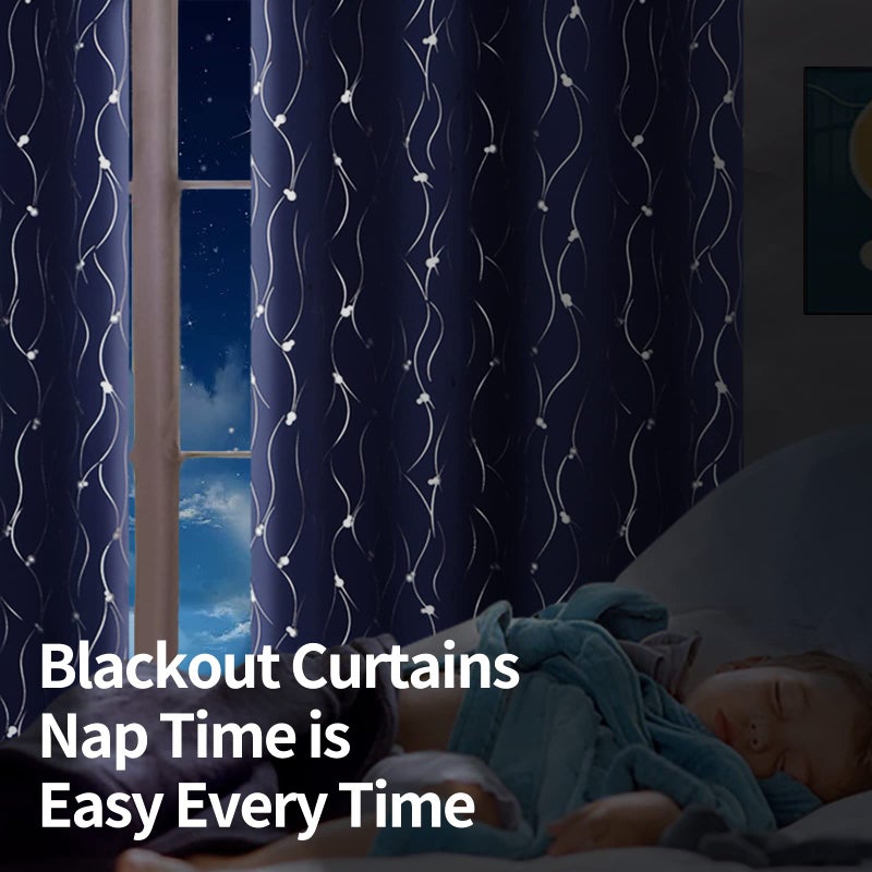 BGment Blackout Curtains 63 Inch Length 2 Panels Set  Grommet Thermal Insulated Blackout Curtains with Wave Line and Dots Printed for Bedroom  Each 38 x 63 Inch  Navy Blue - Image 3