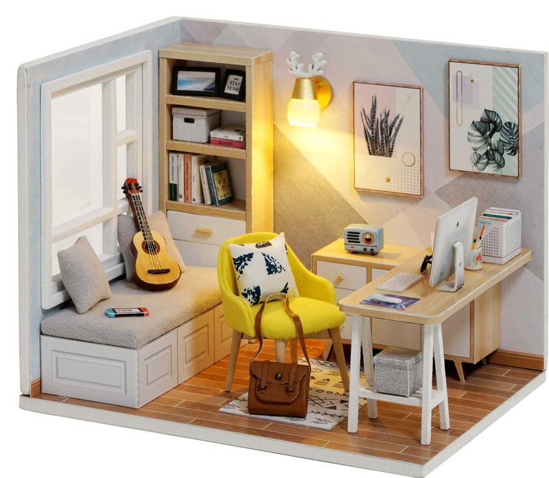 CUTEROOM DIY Doll Room Miniature Furniture Wooden House Kit - DIY Cabin Sunshine Study 1:32 Mini Collector's Edition with Furniture and Accessories (Without Bear) - Image 1
