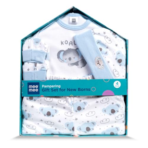 Mee Mee New Born Baby Gift Set | Soft Cotton Clothing Essentials for Infants/Baby Girls, Boys | Baby Shower Clothing Hamper (4 Pieces, Blue)| Ideal Gift for New Born Baby - Image 1