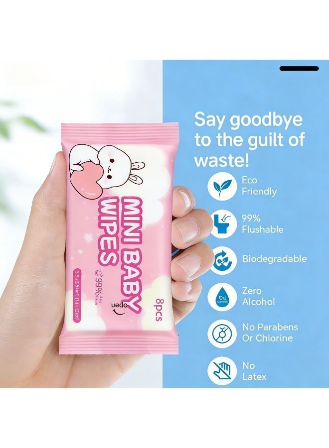 مناديل مبللة صغيرة فاخرة للأطفال بحجم مناسب للسفر | 99.9% ماء نقي، خالية من الكحول، لا تسبب الحساسية | تنظيف لطيف للأطفال الرضع والأطفال والطلاب | تنظيف الوجه واليدين والفم وإزالة المكياج | 384 منديل (64 عبوة × 6) - Image 2