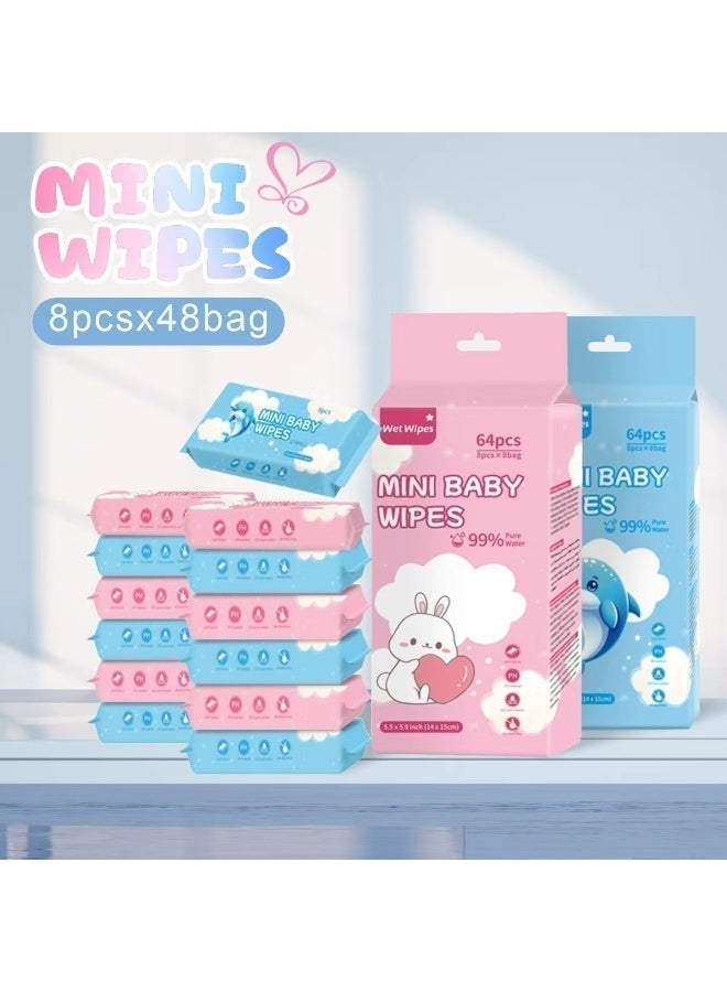 مناديل مبللة صغيرة فاخرة للأطفال بحجم مناسب للسفر | 99.9% ماء نقي، خالية من الكحول، لا تسبب الحساسية | تنظيف لطيف للأطفال الرضع والأطفال والطلاب | تنظيف الوجه واليدين والفم وإزالة المكياج | 384 منديل (64 عبوة × 6) - Image 1
