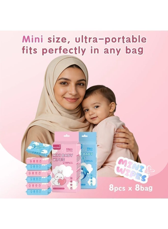 مناديل مبللة صغيرة فاخرة للأطفال بحجم مناسب للسفر | 99.9% ماء نقي، خالية من الكحول، لا تسبب الحساسية | تنظيف لطيف للأطفال الرضع والأطفال والطلاب | تنظيف الوجه واليدين والفم وإزالة المكياج | 384 منديل (64 عبوة × 6) - Image 3