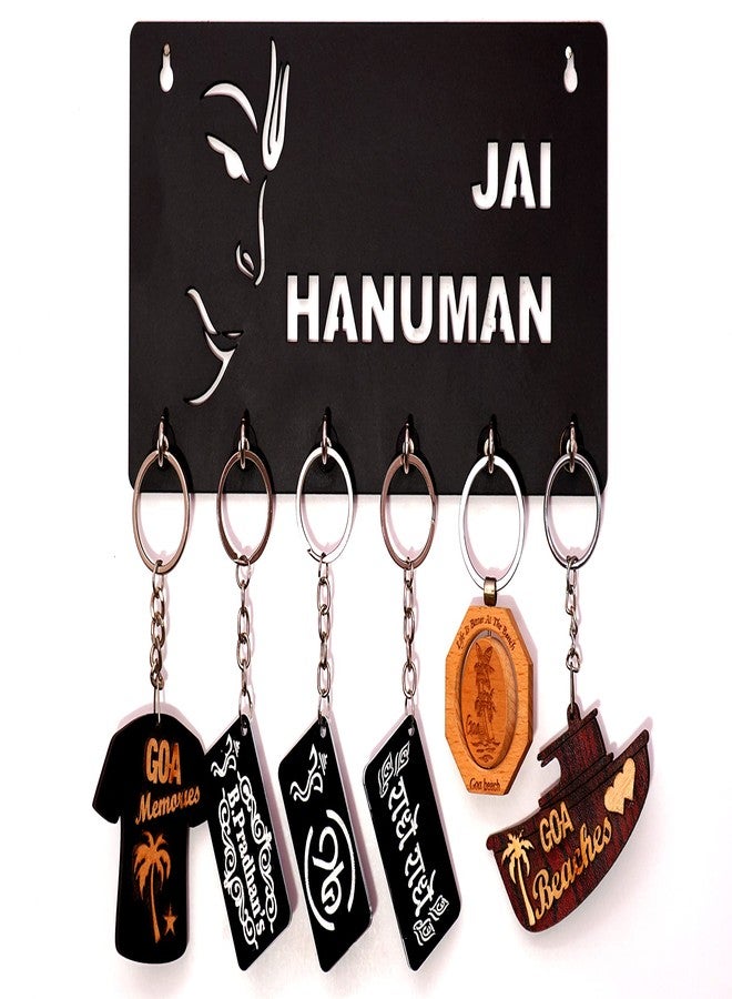 9br Wooden Key Holder for Home Wall Stylish || Key Stand || Mobile Holder for Wall || Key Hanger || Key Chain Holders for Wall (6 Hooks, MDF, Jai Hanuman) (Black) - Image 1