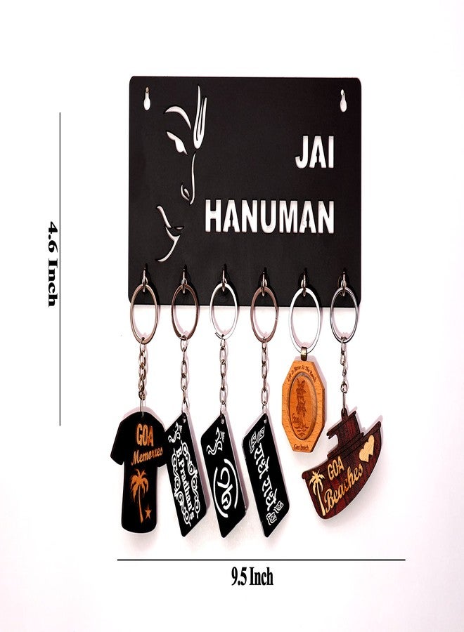 9br Wooden Key Holder for Home Wall Stylish || Key Stand || Mobile Holder for Wall || Key Hanger || Key Chain Holders for Wall (6 Hooks, MDF, Jai Hanuman) (Black) - Image 2