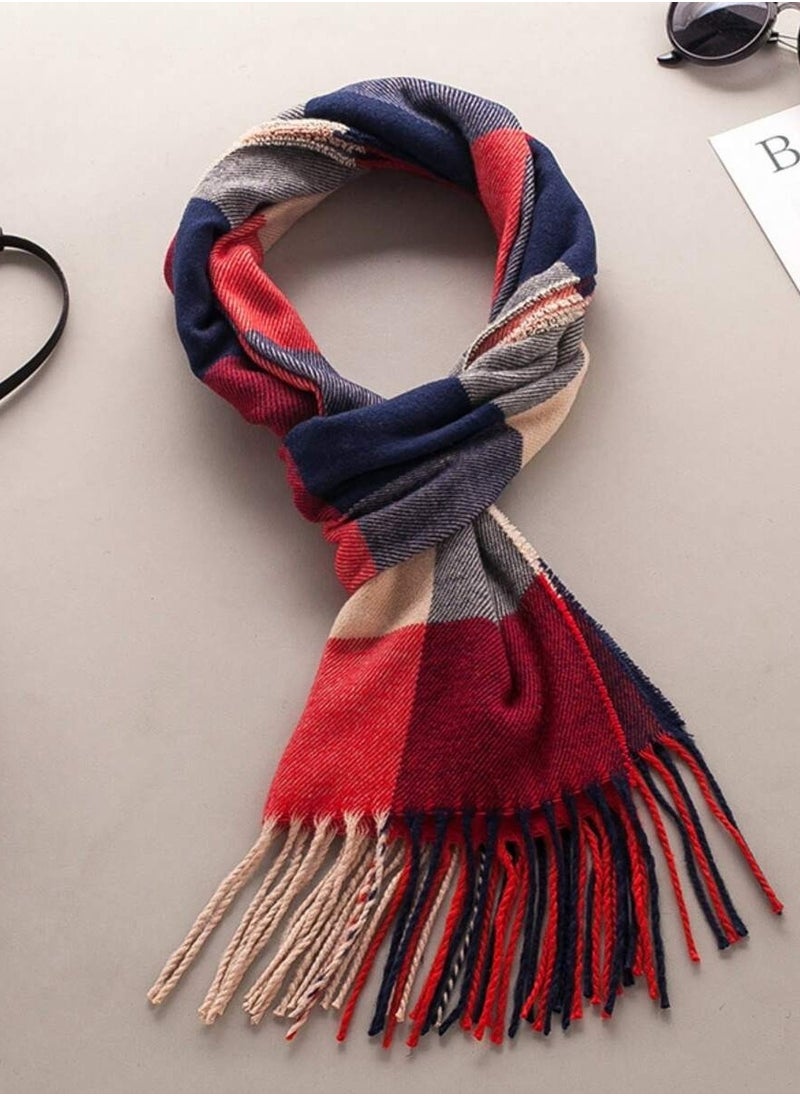 Generic Red, navy and beige faux cashmere scarf in check design - perfect for spring and fall  - Image 1